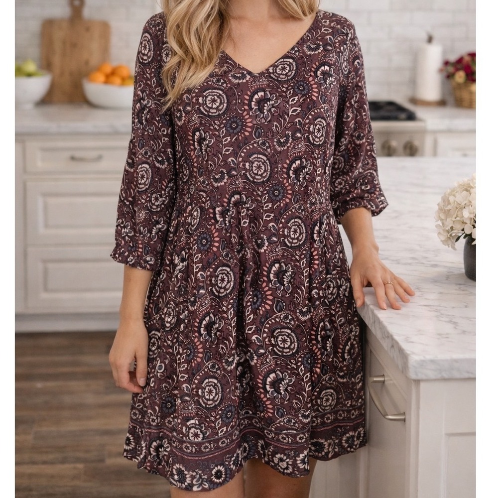 Garnet Hill Boho Purple Paisley Floral V-Neck Midi Dress Pockets Size 14 Q1